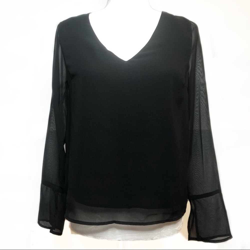 Gianni Bini Black Mesh Long Bell Sleeve Top